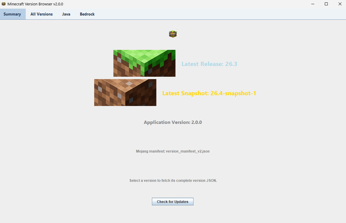 Minecraft Version Browser application showing Summary, All Versions, Java and Bedrock tabs, latest release and snapshot, and an update-check button